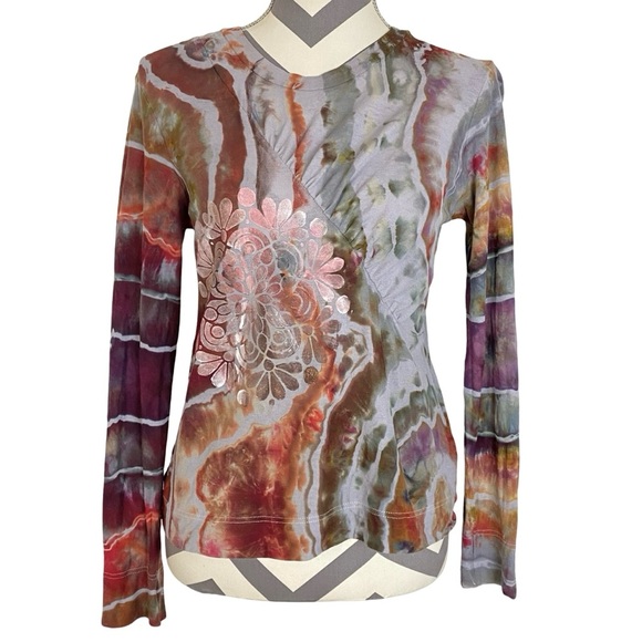 Ganni Tie Dye Shirt Womens Medium Large Tee Top Blouse Floral Hand Painted Grey - Picture 1 of 15